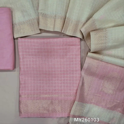 PREORDER Pastel pink Viscous Silk cotton unstitched salwar material, self checked design all over, zari wovan borders on daman,(soft, Lining Needed) Santoon Bottom,thread,zari and viscous silk cotton dupatta with tassels and contrast pallu. MY260103