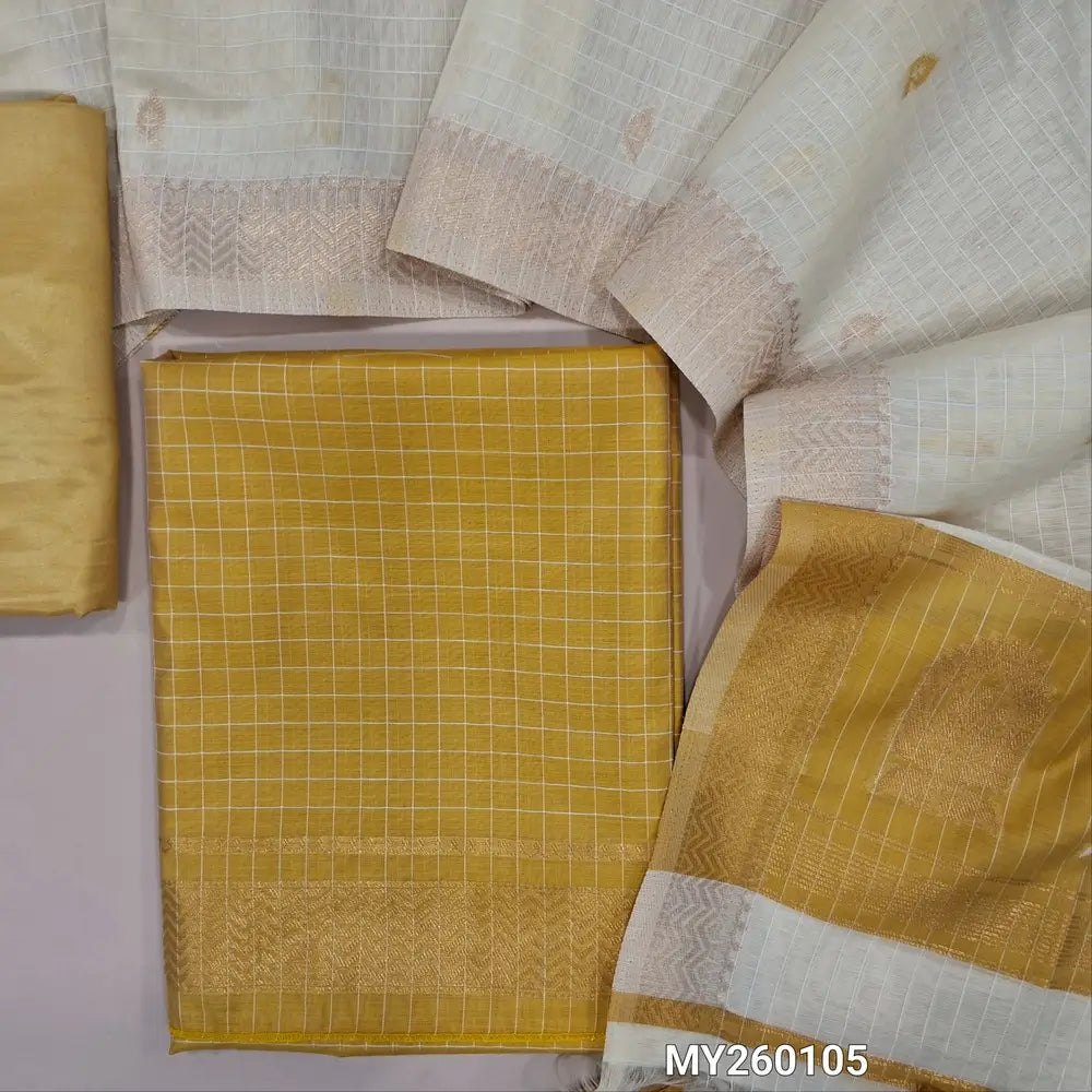 Fenugreek yellow Viscous Silk cotton unstitched salwar material, self checked design all over, zari wovan borders on daman,(soft, Lining Needed) Santoon Bottom,thread,zari and viscous silk cotton dupatta with tassels and contrast pallu. MY260105