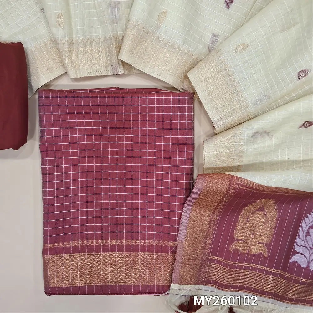 Dark onion pink Viscous Silk cotton unstitched salwar material, self checked design all over, zari wovan borders on daman,(soft, Lining Needed) Santoon Bottom,thread,zari and viscous silk cotton dupatta with tassels and contrast pallu. MY260102