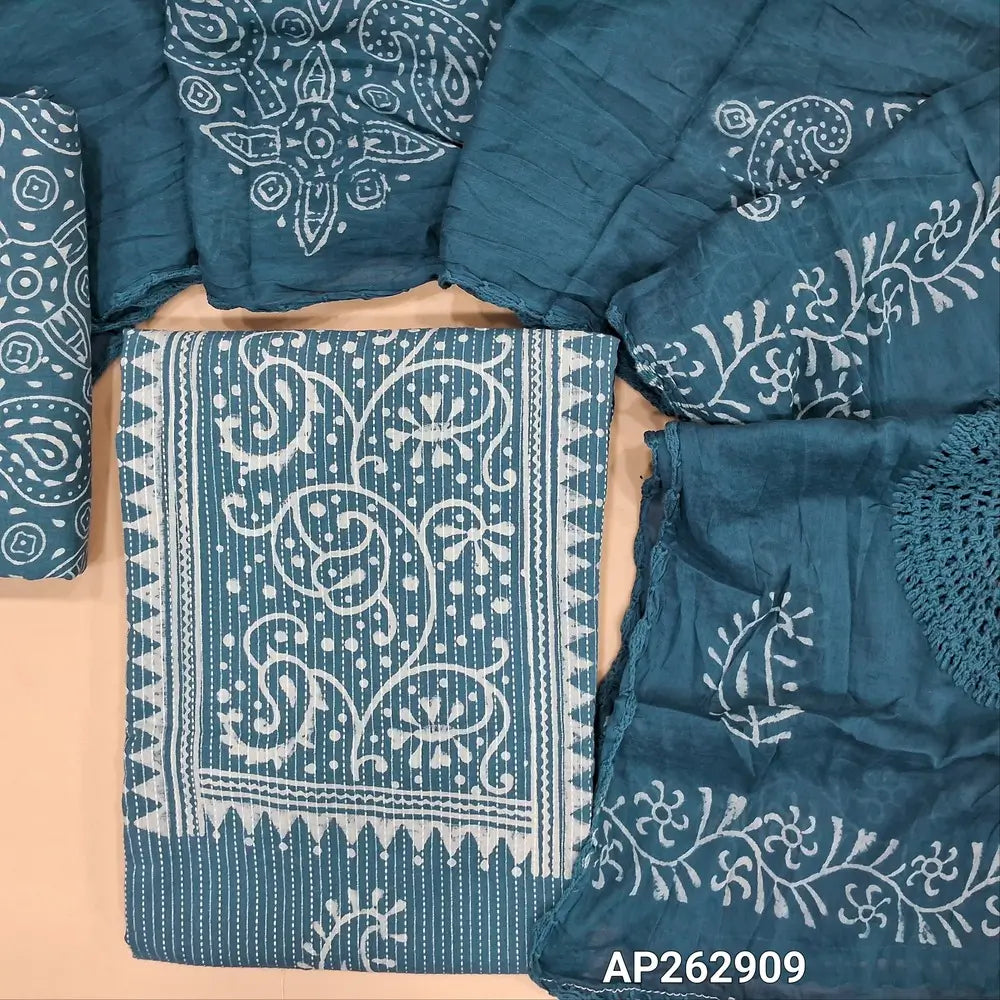 Denim blue wax batik dyed Pure kantha cotton unstitched salwar material, (Lining optional)batik dyed cotton bottom,batik dyed with crochet work on mul cotton dupatta. AP262909