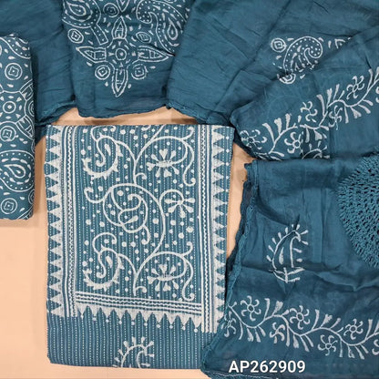 Denim blue wax batik dyed Pure kantha cotton unstitched salwar material, (Lining optional)batik dyed cotton bottom,batik dyed with crochet work on mul cotton dupatta. AP262909