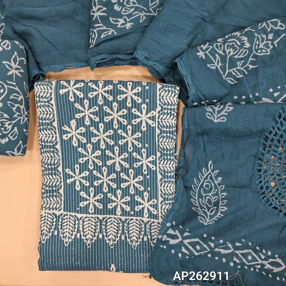 Denim blue wax batik dyed Pure kantha cotton unstitched salwar material, (Lining optional)batik dyed cotton bottom,batik dyed with crochet work on mul cotton dupatta. AP262911