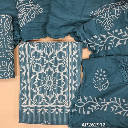 Denim blue wax batik dyed Pure kantha cotton unstitched salwar material, (Lining optional)batik dyed cotton bottom,batik dyed with crochet work on mul cotton dupatta. AP262912