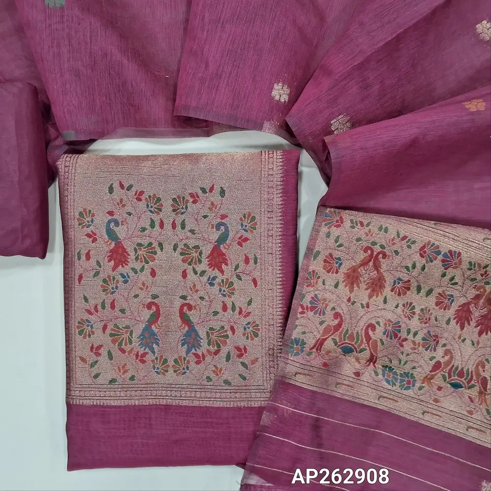 Rani pink fancy silk cotton unstitched salwar material,buttas on front, gold tissue and paithani weaving on yoke, paithani daman,(lining needed) silky bottom, buttas on fancy silk cotton dupatta with paithani weaving palllu. AP262908