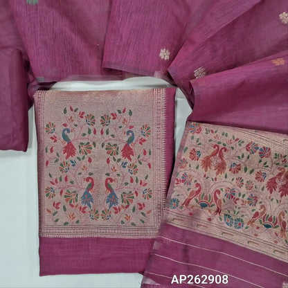 Rani pink fancy silk cotton unstitched salwar material,buttas on front, gold tissue and paithani weaving on yoke, paithani daman,(lining needed) silky bottom, buttas on fancy silk cotton dupatta with paithani weaving palllu. AP262908