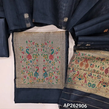 Black fancy silk cotton unstitched salwar material,buttas on front, gold tissue and paithani weaving on yoke, paithani daman,(lining needed) silky bottom, buttas on fancy silk cotton dupatta with paithani weaving palllu. AP262906