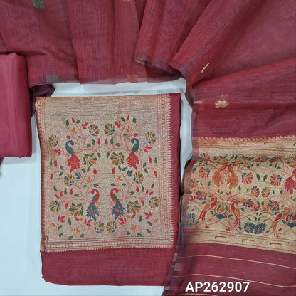 Reddish maroon fancy silk cotton unstitched salwar material,buttas on front, gold tissue and paithani weaving on yoke, paithani daman,(lining needed) silky bottom, buttas on fancy silk cotton dupatta with paithani weaving palllu. AP262907