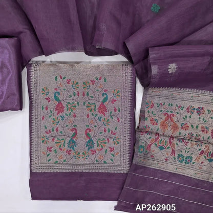 Deep wine purple fancy silk cotton unstitched salwar material,buttas on front, gold tissue and paithani weaving on yoke, paithani daman,(lining needed) silky bottom, buttas on fancy silk cotton dupatta with paithani weaving palllu. AP262905