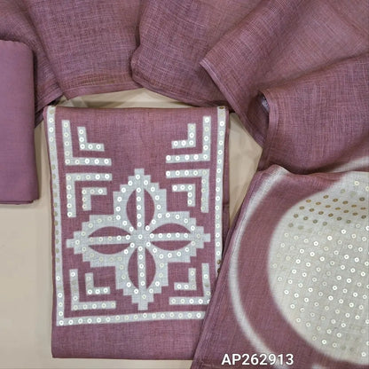 Pink premium linen salwar material, digital printed with antic gold sequins work on yoke (textured, lining needed)santoon bottom,full length linen dupatta with antic gold sequins pallu. AP262913