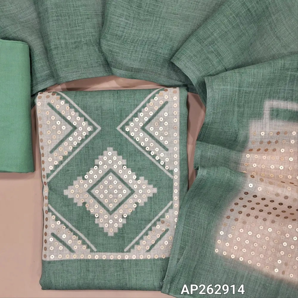 Pastel green premium linen salwar material, digital printed with antic gold sequins work on yoke (textured, lining needed)santoon bottom,full length linen dupatta with antic gold sequins pallu. AP262914