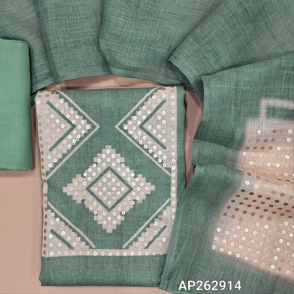 Pastel green premium linen salwar material, digital printed with antic gold sequins work on yoke (textured, lining needed)santoon bottom,full length linen dupatta with antic gold sequins pallu. AP262914