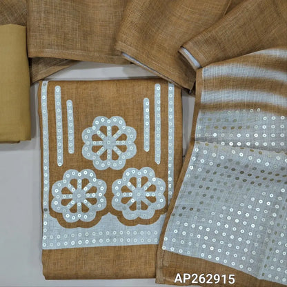 Light brown premium linen salwar material, digital printed with antic gold sequins work on yoke (textured, lining needed)santoon bottom,full length linen dupatta with antic gold sequins pallu. AP262915