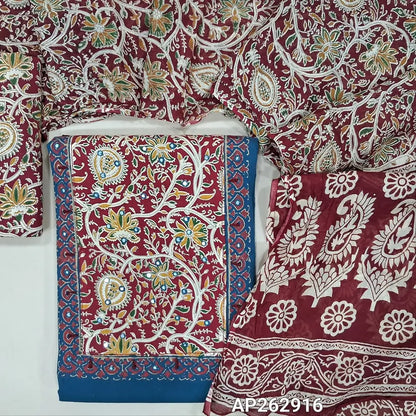 Blue pure cotton unstitched salwar material,hand block and kalamkari printed yoke with faux mirror work(lining optional)reddish maroon kalamkari printed cotton bottom,floral printed mul cotton dupatta with pallu. AP262916