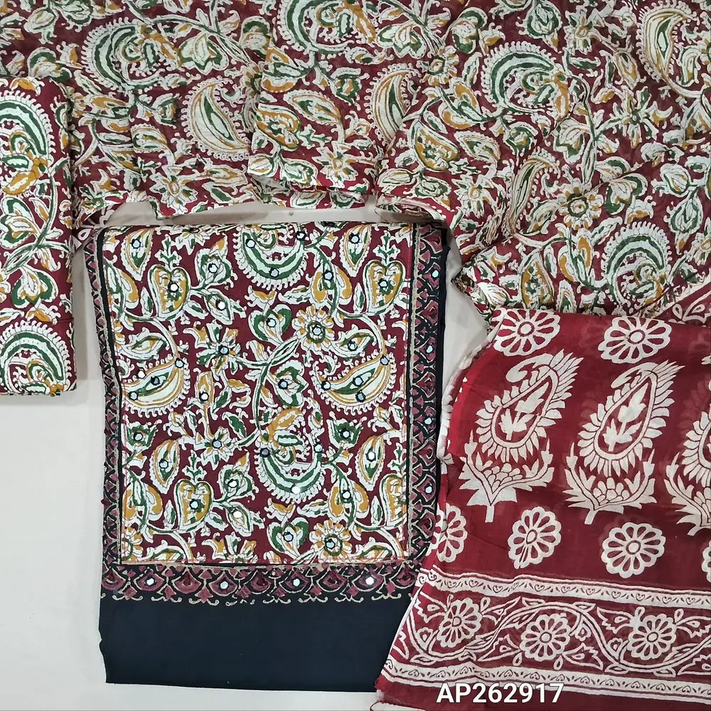 Black pure cotton unstitched salwar material,hand block and kalamkari printed yoke with faux mirror work(lining optional)maroon  kalamkari printed cotton bottom,floral printed mul cotton dupatta with pallu. AP262917