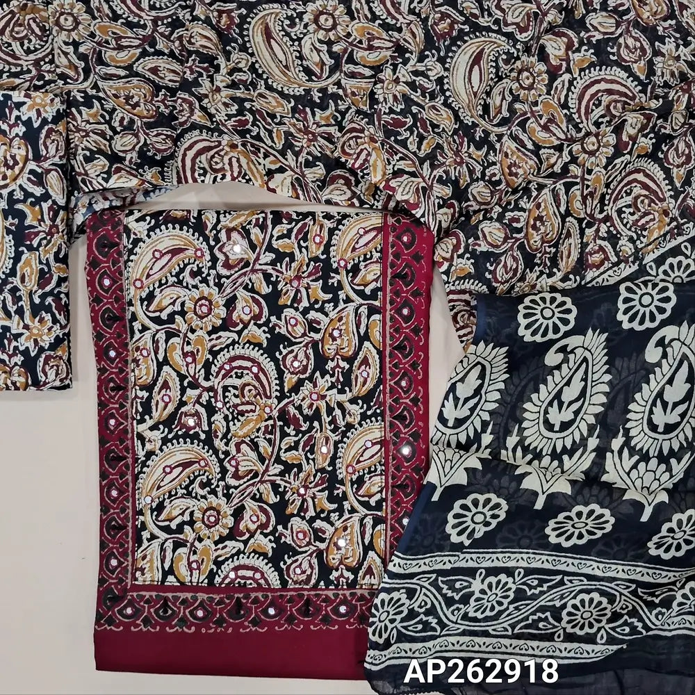 Reddish maroon pure cotton unstitched salwar material,hand block and kalamkari printed yoke with faux mirror work(lining optional)black kalamkari printed cotton bottom,floral printed mul cotton dupatta with pallu. AP262918
