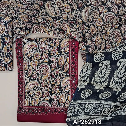 Reddish maroon pure cotton unstitched salwar material,hand block and kalamkari printed yoke with faux mirror work(lining optional)black kalamkari printed cotton bottom,floral printed mul cotton dupatta with pallu. AP262918