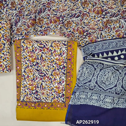 Mehandhi yellow  pure cotton unstitched salwar material,hand block and kalamkari printed yoke with faux mirror work(lining optional)blue kalamkari printed cotton bottom,floral printed mul cotton dupatta with pallu. AP262919