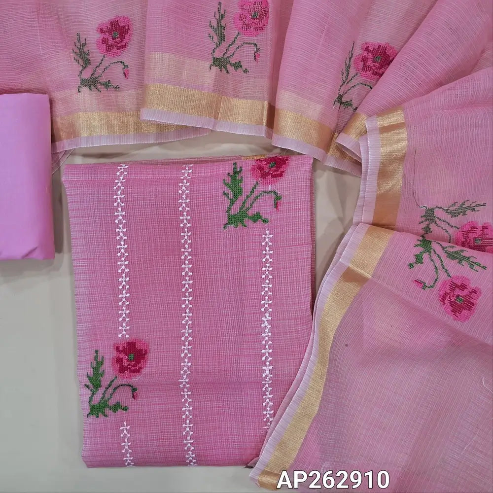 Pastel pink premium kota unstitched salwar material,cross stitch and embroidery work on front (Lining Needed)matching cotton bottom,cross stitch floral embroidery work on full length kota dupatta with gold tissue borders. AP262920