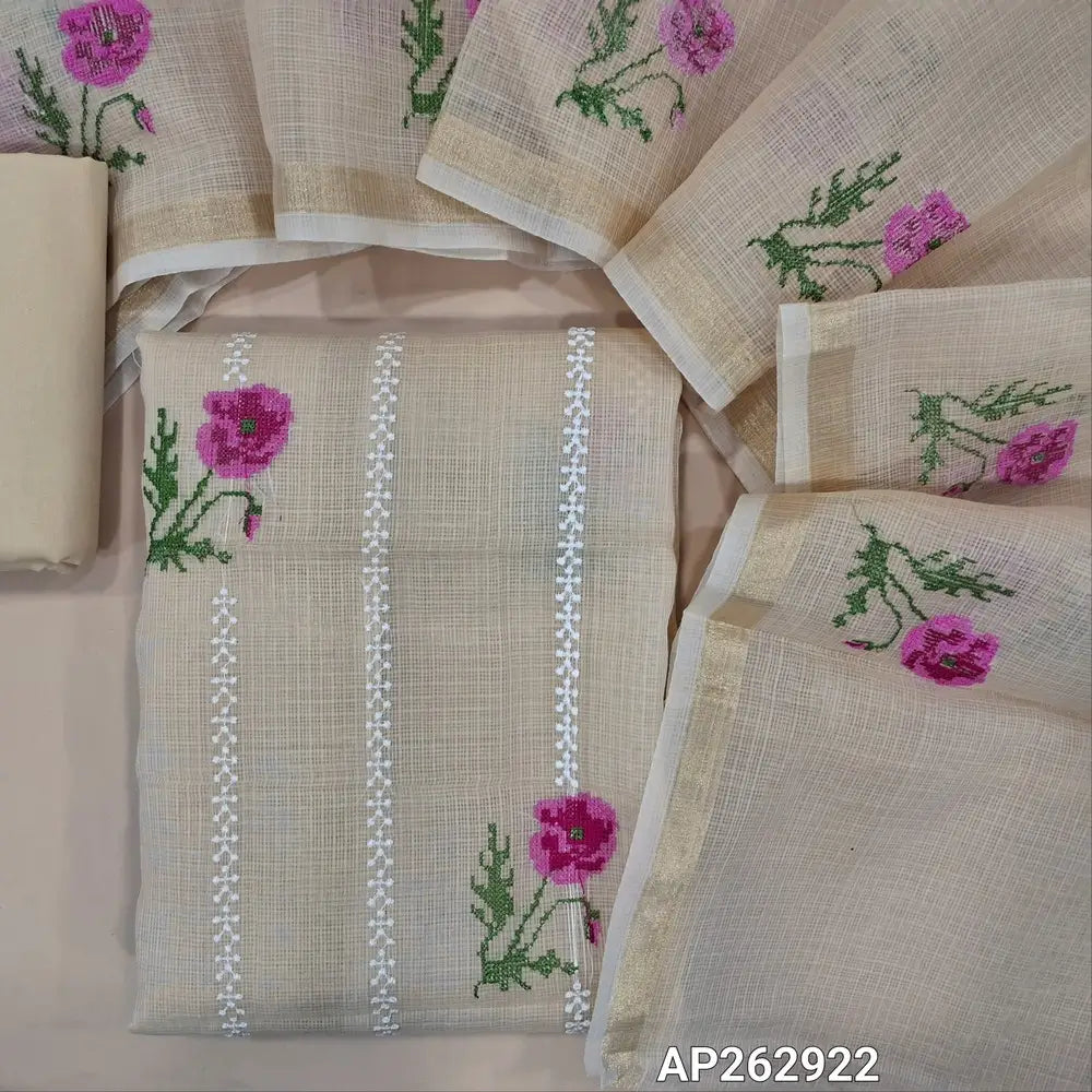 Rich beige premium kota unstitched salwar material,cross stitch and embroidery work on front (Lining Needed)matching cotton bottom,cross stitch floral embroidery work on full length kota dupatta with gold tissue borders. AP262922
