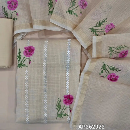 Rich beige premium kota unstitched salwar material,cross stitch and embroidery work on front (Lining Needed)matching cotton bottom,cross stitch floral embroidery work on full length kota dupatta with gold tissue borders. AP262922
