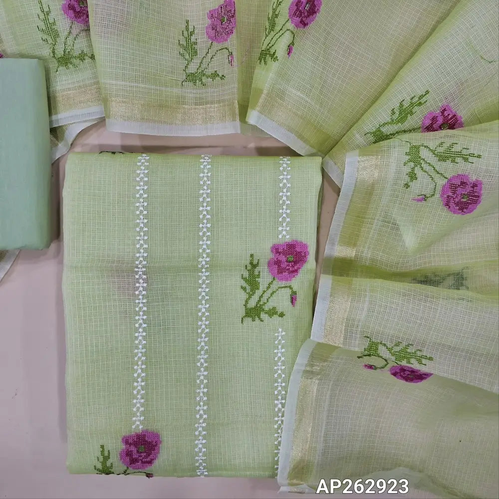 Pastel green premium kota unstitched salwar material,cross stitch and embroidery work on front (Lining Needed)matching cotton bottom,cross stitch floral embroidery work on full length kota dupatta with gold tissue borders. AP262923