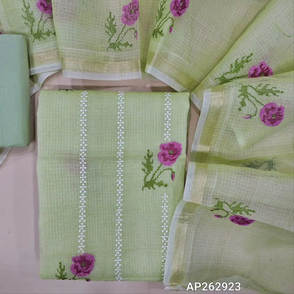Pastel green premium kota unstitched salwar material,cross stitch and embroidery work on front (Lining Needed)matching cotton bottom,cross stitch floral embroidery work on full length kota dupatta with gold tissue borders. AP262923