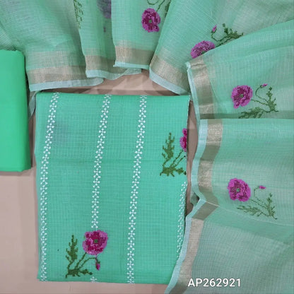 Sea green premium kota unstitched salwar material,cross stitch and embroidery work on front (Lining Needed)matching cotton bottom,cross stitch floral embroidery work on full length kota dupatta with gold tissue borders. AP262921
