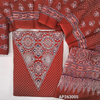 Red pure soft cotton unstitched salwar material(lining optional)ajrak printed work with v neck on yoke, pulka dots all over,ajrak daman borders, printed cotton bottom, printed full length mul cotton dupatta with ajrak border on pallu. AP263005