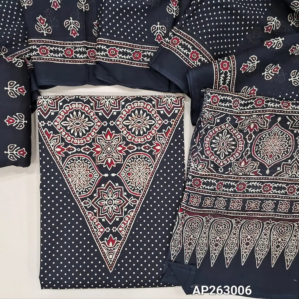 Black pure soft cotton unstitched salwar material(lining optional)ajrak printed work with v neck on yoke, pulka dots all over,ajrak daman borders, printed cotton bottom, printed full length mul cotton dupatta with ajrak border on pallu. AP263006