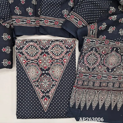 Black pure soft cotton unstitched salwar material(lining optional)ajrak printed work with v neck on yoke, pulka dots all over,ajrak daman borders, printed cotton bottom, printed full length mul cotton dupatta with ajrak border on pallu. AP263006