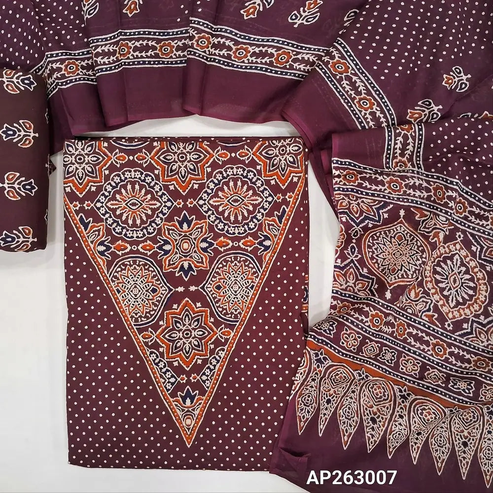 Dark maroon pure soft cotton unstitched salwar material(lining optional)ajrak printed work with v neck on yoke, pulka dots all over,ajrak daman borders, printed cotton bottom, printed full length mul cotton dupatta with ajrak border on pallu. AP263007