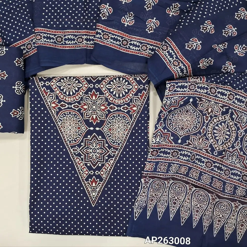Dark blue pure soft cotton unstitched salwar material(lining optional)ajrak printed work with v neck on yoke, pulka dots all over,ajrak daman borders, printed cotton bottom, printed full length mul cotton dupatta with ajrak border on pallu. AP263008