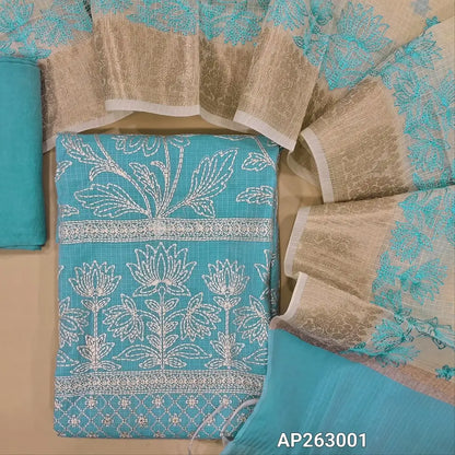 Powder blue premium kota unstitched salwar material, self checked design,rich thread embroidery work on front and daman,(Lining Needed) matching spun cotton bottom,thread embroidery work on dual shaded kota dupatta with banarasi woven borders. AP263001