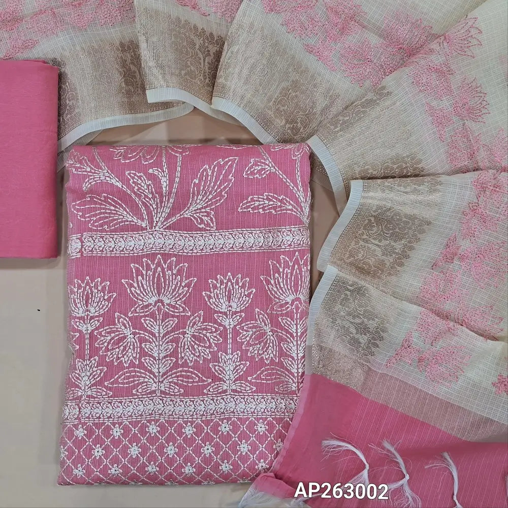 Pastel pink premium kota unstitched salwar material, self checked design,rich thread embroidery work on front and daman,(Lining Needed) matching spun cotton bottom,thread embroidery work on dual shaded kota dupatta with banarasi woven borders. AP263002