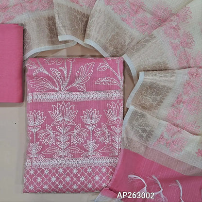 Pastel pink premium kota unstitched salwar material, self checked design,rich thread embroidery work on front and daman,(Lining Needed) matching spun cotton bottom,thread embroidery work on dual shaded kota dupatta with banarasi woven borders. AP263002