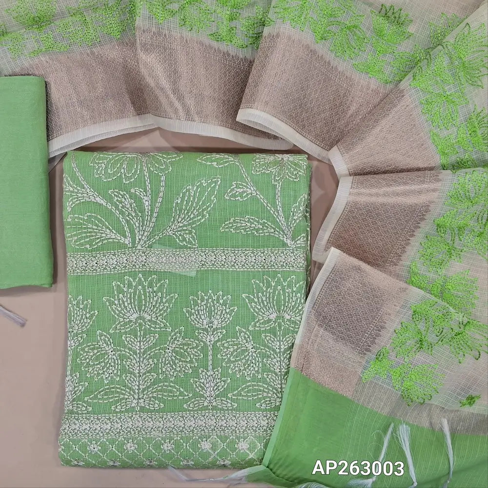 Pastel green premium kota unstitched salwar material, self checked design,rich thread embroidery work on front and daman,(Lining Needed) matching spun cotton bottom,thread embroidery work on dual shaded kota dupatta with banarasi woven borders. AP263003