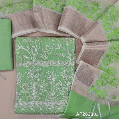 Pastel green premium kota unstitched salwar material, self checked design,rich thread embroidery work on front and daman,(Lining Needed) matching spun cotton bottom,thread embroidery work on dual shaded kota dupatta with banarasi woven borders. AP263003