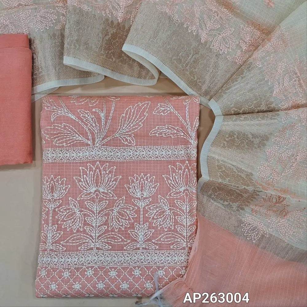 Peachish pink premium kota unstitched salwar material, self checked design,rich thread embroidery work on front and daman,(Lining Needed) matching spun cotton bottom,thread embroidery work on dual shaded kota dupatta with banarasi woven borders. AP263004