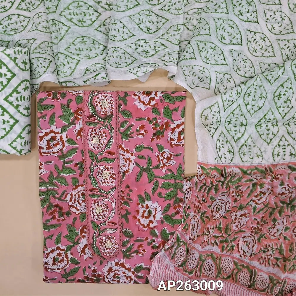 Pastel pink hand block printed pure mul cotton unstitched salwar material (soft,lining optional)peal bead, sugar bead and lace work on yoke, block printed cotton bottom, block printed pure chiffon dupatta. AP263009