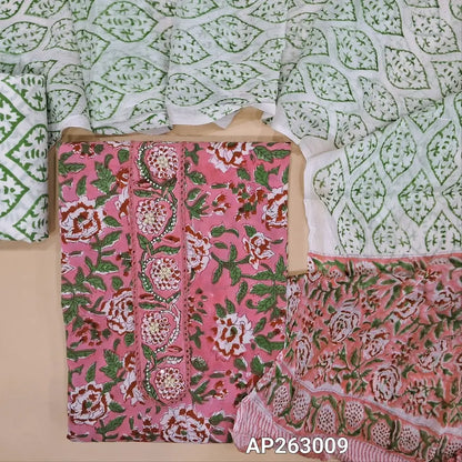 Pastel pink hand block printed pure mul cotton unstitched salwar material (soft,lining optional)peal bead, sugar bead and lace work on yoke, block printed cotton bottom, block printed pure chiffon dupatta. AP263009