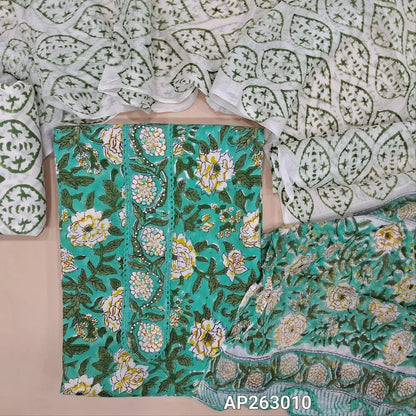 Pastel blue hand block printed pure mul cotton unstitched salwar material (soft,lining optional)peal bead, sugar bead and lace work on yoke, block printed cotton bottom, block printed pure chiffon dupatta. AP263010