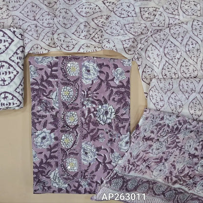 Dark purple hand block printed pure mul cotton unstitched salwar material (soft,lining optional)peal bead, sugar bead and lace work on yoke, block printed cotton bottom, block printed pure chiffon dupatta. AP263011
