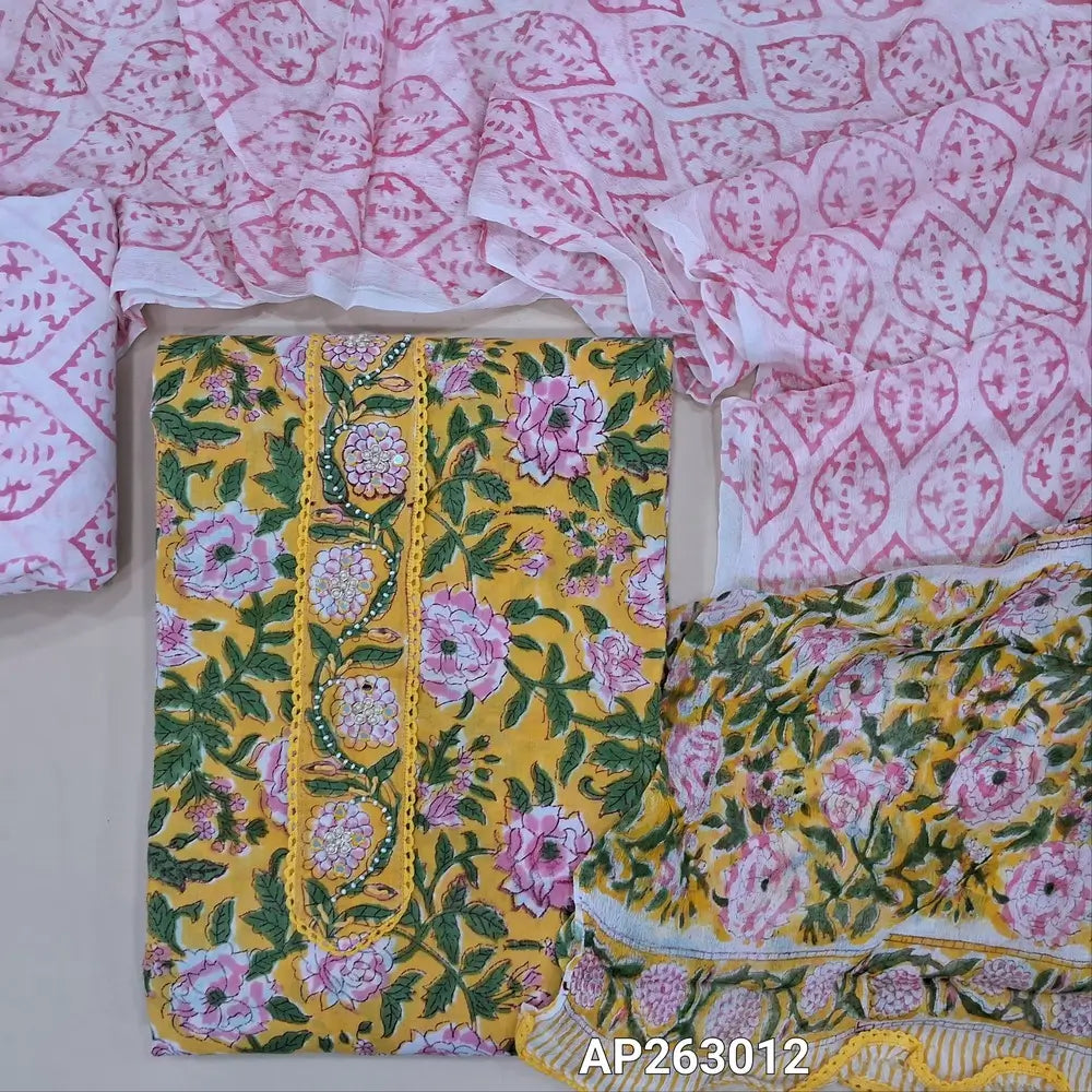 Yellow hand block printed pure mul cotton unstitched salwar material (soft,lining optional)peal bead, sugar bead and lace work on yoke, block printed cotton bottom, block printed pure chiffon dupatta. AP263012