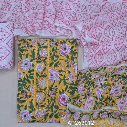 Yellow hand block printed pure mul cotton unstitched salwar material (soft,lining optional)peal bead, sugar bead and lace work on yoke, block printed cotton bottom, block printed pure chiffon dupatta. AP263012