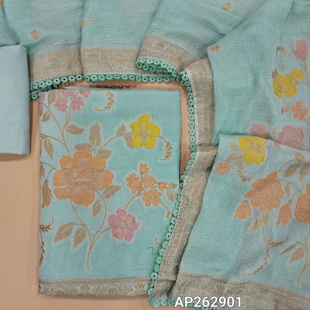 Designer powder blue pure jute cotton unstitched salwar material,thread weaving on yoke,rich jamdani weaving daman,(lining needed)drum dyed cotton fabric for lining, NO BOTTOM,jamdani weaving on jute cotton dupatta with borders and lace tapping. AP262901