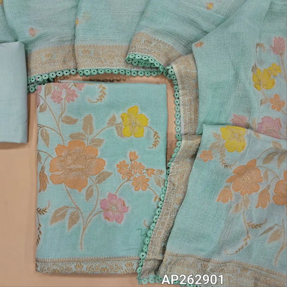 Designer powder blue pure jute cotton unstitched salwar material,thread weaving on yoke,rich jamdani weaving daman,(lining needed)drum dyed cotton fabric for lining, NO BOTTOM,jamdani weaving on jute cotton dupatta with borders and lace tapping. AP262901