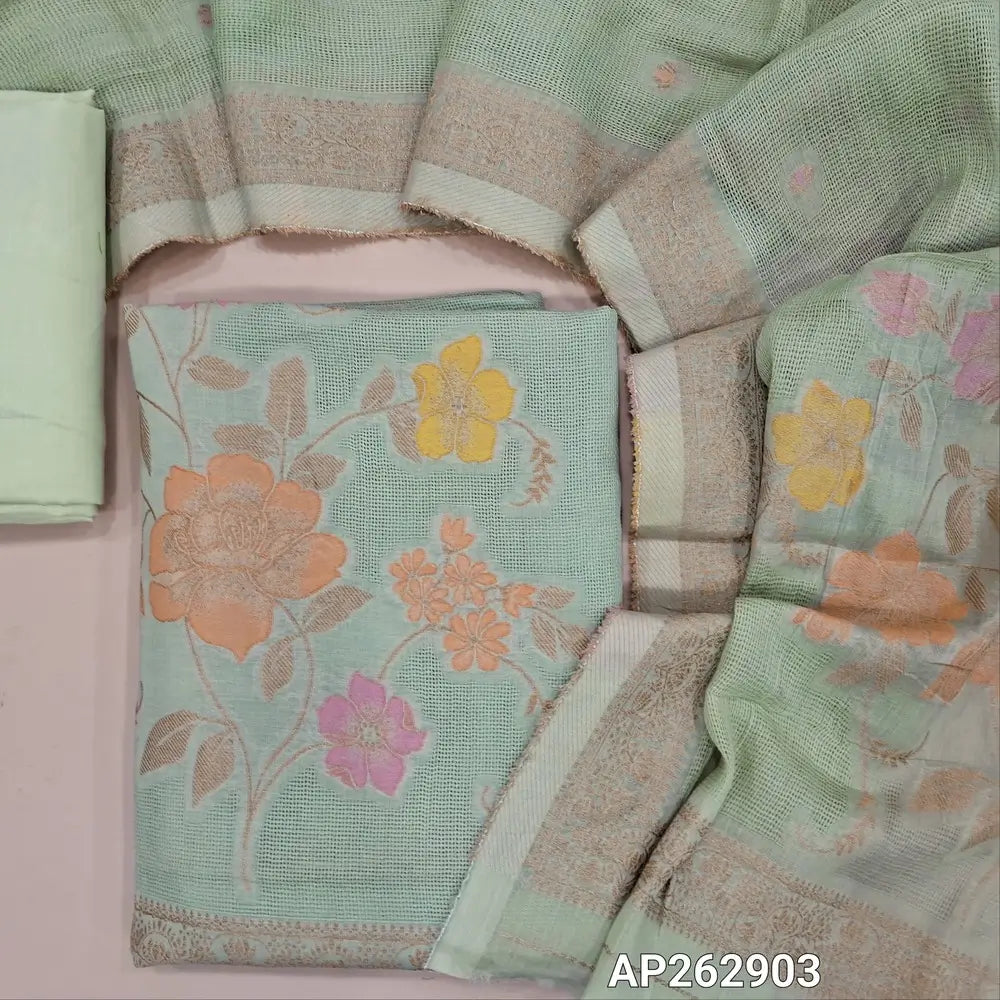 Designer pastel green pure jute cotton unstitched salwar material,thread weaving on yoke,rich jamdani weaving daman,(lining needed)drum dyed cotton fabric for lining, NO BOTTOM,jamdani weaving on jute cotton dupatta with borders and lace tapping. AP262903
