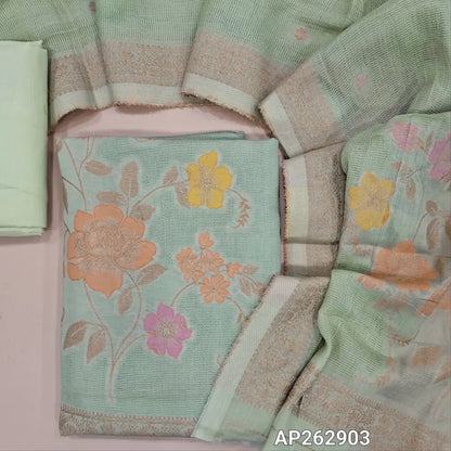 Designer pastel green pure jute cotton unstitched salwar material,thread weaving on yoke,rich jamdani weaving daman,(lining needed)drum dyed cotton fabric for lining, NO BOTTOM,jamdani weaving on jute cotton dupatta with borders and lace tapping. AP262903