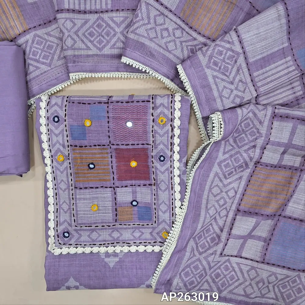 Lavender shade printed semi linen unstitched salwar material, (lining needed)embroidery,kantha stitch & real mirror ,lace work on yoke,matching cotton bottom, embroidery and kantha stitch work on premium semi linen  dupatta with lace tapping. AP263019