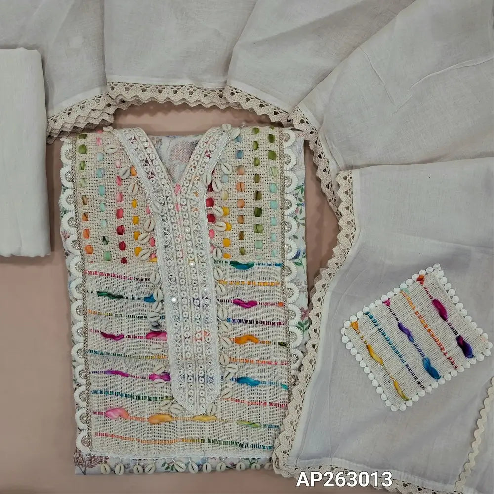 Designer off white pure linen jute cotton unstitched salwar material, thread embroidery, shell buttons work on yoke, (thin, lining needed)printed all over,spun cotton bottom, jute patch work on pure mul cotton dupatta with applique work on pallu .AP263013